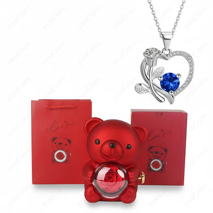 Heart Pendant Necklace with Zircon Stone & Rose Bear Gift Box | Elegant Jewelry Gift for Women