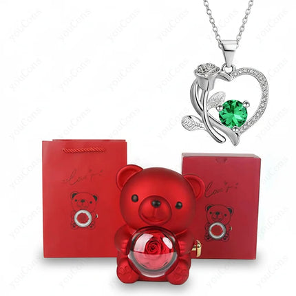 Heart Pendant Necklace with Zircon Stone & Rose Bear Gift Box | Elegant Jewelry Gift for Women
