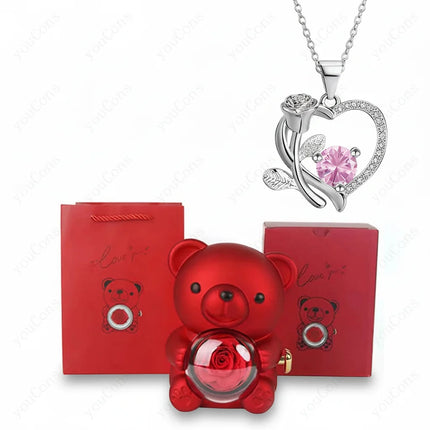 Heart Pendant Necklace with Zircon Stone & Rose Bear Gift Box | Elegant Jewelry Gift for Women