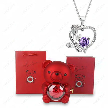 Heart Pendant Necklace with Zircon Stone & Rose Bear Gift Box | Elegant Jewelry Gift for Women