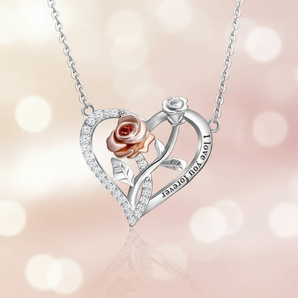 Heart Pendant Necklace with Rose Detail | Elegant Silver Jewelry for Romantic Gifts