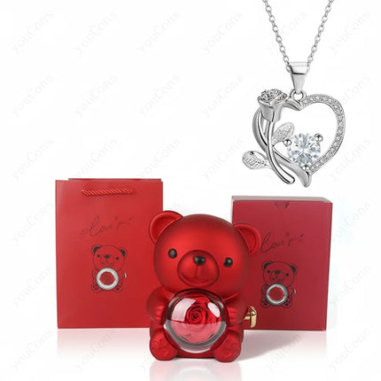 Heart Pendant Necklace with Zircon Stone & Rose Bear Gift Box | Elegant Jewelry Gift for Women