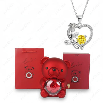 Heart Pendant Necklace with Zircon Stone & Rose Bear Gift Box | Elegant Jewelry Gift for Women