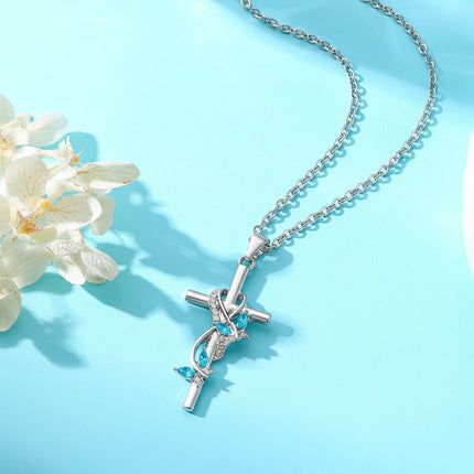 Silver Cross Necklace with Bow and Blue Gem Accents | Elegant Faith-Inspired Jewelry for Everyday Wear