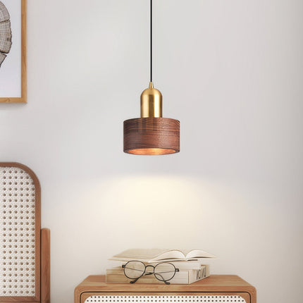 Cylinder Pendant Light with Walnut & Brass Design | Warm Ambient Illumination for Japanese-Inspired Spaces