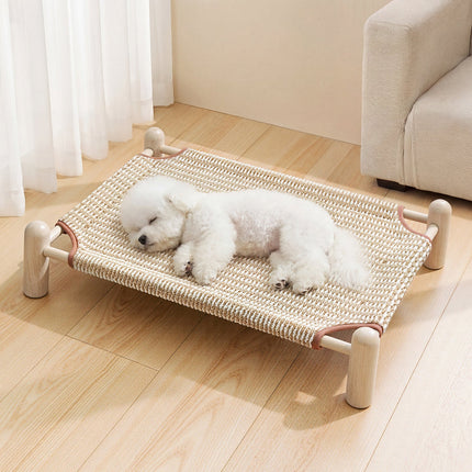 Elevated Dog Bed for Small and Medium Dogs, Wooden Raised Cat Bed, Cooling Dog Bed with Breathable Woven Cover