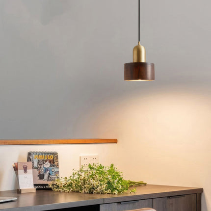 Cylinder Pendant Light with Walnut & Brass Design | Warm Ambient Illumination for Japanese-Inspired Spaces