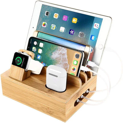 Charging Station for Multiple Devices, Bamboo Desk Organizer with Cable Management, 5 Port USB Charging Station