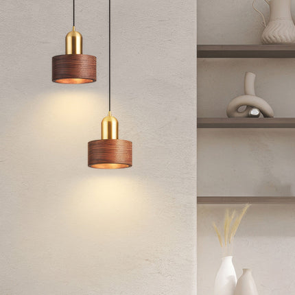 Cylinder Pendant Light with Walnut & Brass Design | Warm Ambient Illumination for Japanese-Inspired Spaces