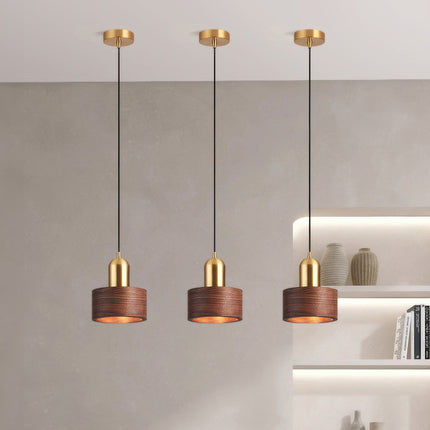 Cylinder Pendant Light with Walnut & Brass Design | Warm Ambient Illumination for Japanese-Inspired Spaces