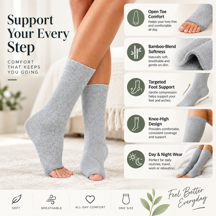 Compression Socks, Open Toe Compression Stockings with Arch Support, Bamboo Knee High Socks for Day and Night_03
