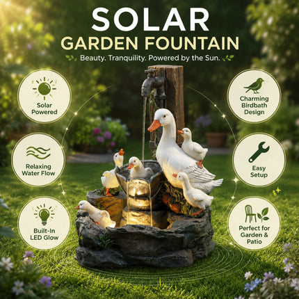 Solar Birdbath Fountain with LED Light & Duck Figurine | Charming Outdoor Decor for Relaxing Garden Ambiance