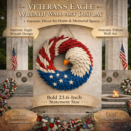 Veterans Eagle Wreath Wall Art with Boxwood Design | Patriotic Indoor and Outdoor Display for Year-Round Decor