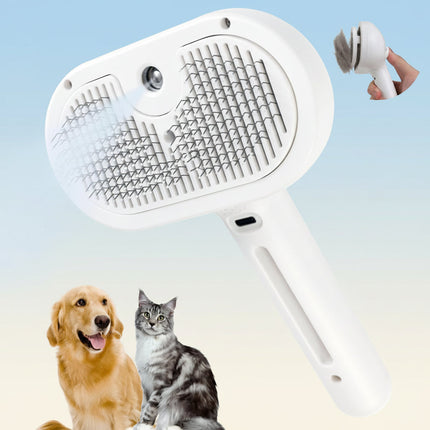 Pet Grooming Brush with Self-Cleaning Silicone Bristles & Mist Spray | Reduces Shedding for Cats and Dogs