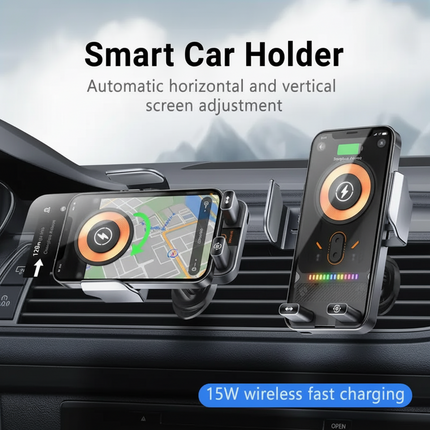 Wireless Charging Car Phone Holder with Auto-Sensing Clamp | 360° Rotation for Safe Hands-Free Driving