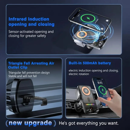 Wireless Charging Car Phone Holder with Auto-Sensing Clamp | 360° Rotation for Safe Hands-Free Driving
