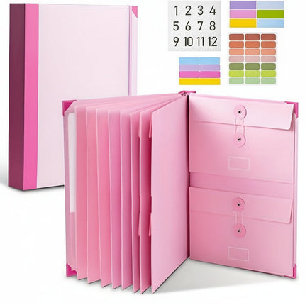 Document Binder Organizer in Pink with Labeled Folders | Compact File Storage for Home Records and Office Documents