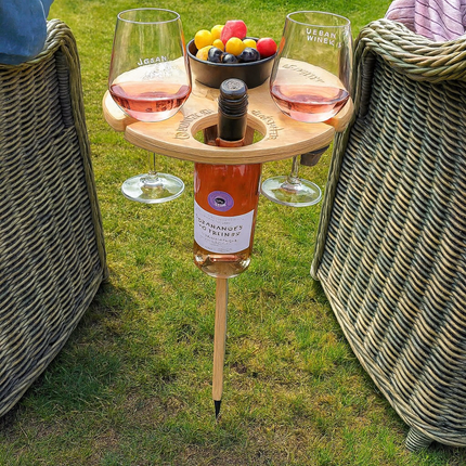 Picnic Table Wine Holder with Ground Spike for Stable Outdoor Setup | Compact Snack Surface for Gardens and Campsites