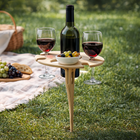 Small Outdoor Table Wine Holder with Ground Spike, Wooden Wine Glass Holder Stand for a Bottle, Portable Beach Table_00