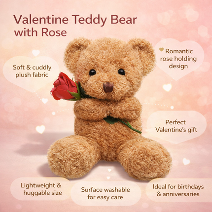 Plush Bear Stuffed Animal with Decorative Rose | Soft Gift for Romantic Occasions