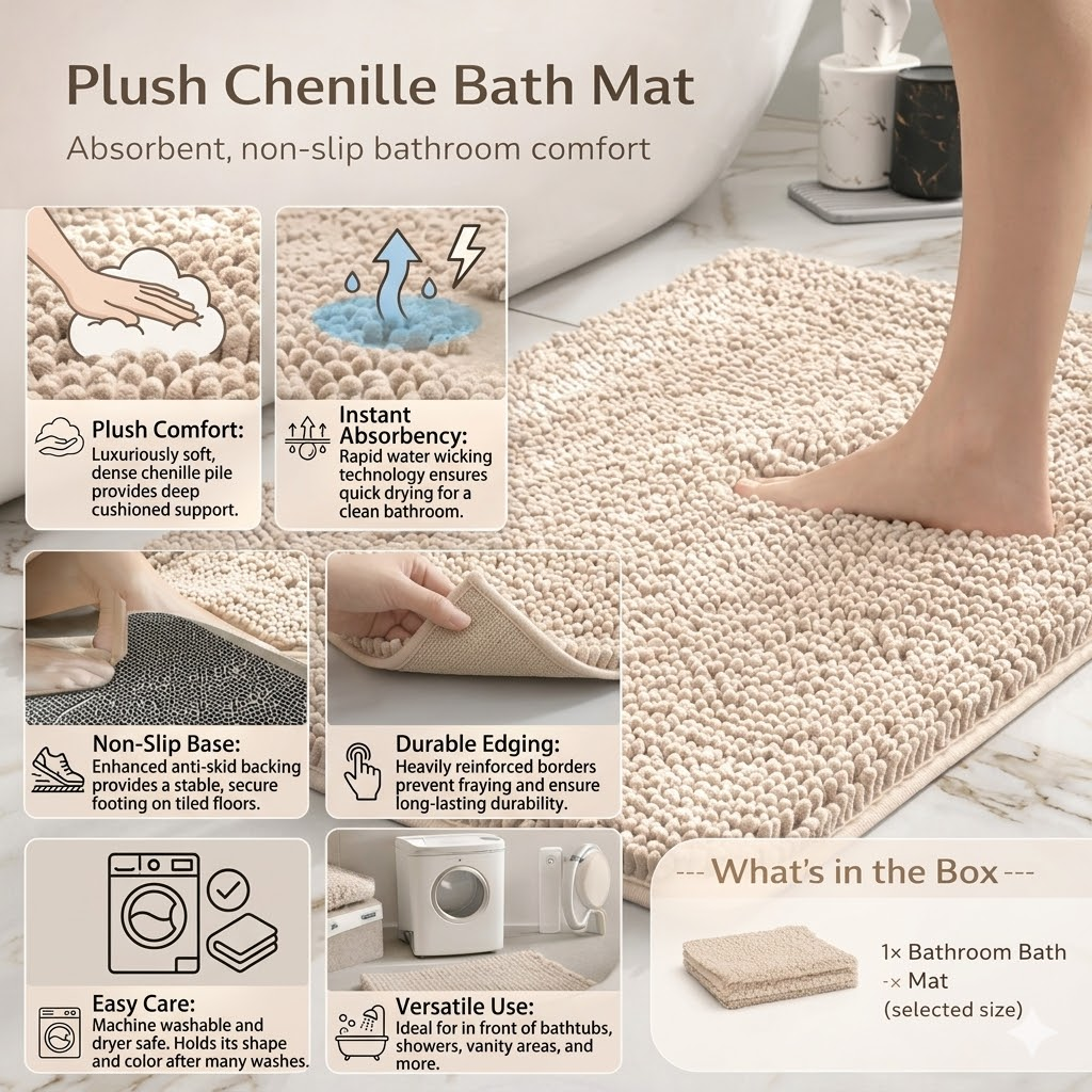 Plush Chenille Bath Mat | Non-Slip Absorbent Bathroom Rug for Comfort 3