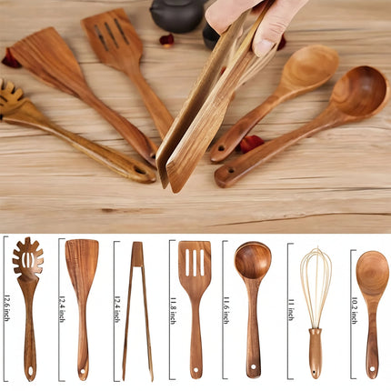 Wooden Cooking Utensils Set with Non-Scratch Design | 7-Piece Heat Resistant Kitchen Tools for Safe Cooking