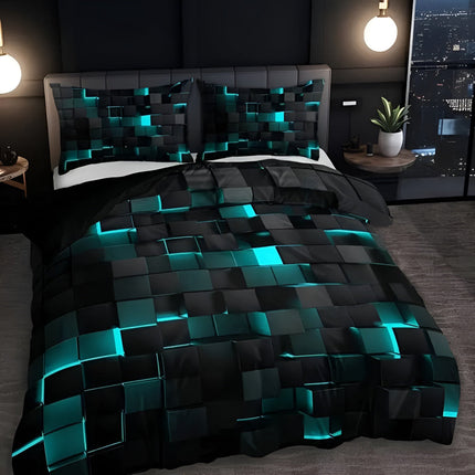 Neon 3D Grid Quilt Cover Set in Microfiber for Modern Bedroom Decor | Soft & Breathable Bedding for Year-Round Comfort