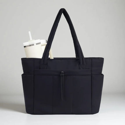 Quilted Puffer Tote Bag with Padded Laptop Sleeve | Spacious Travel Organizer with Cup Holder and Trolley Sleeve