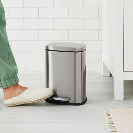 Stainless Steel Small Bathroom Trash Can with Soft Close Lid | Compact 9L Pedal Bin for Noise-Free Waste Disposal