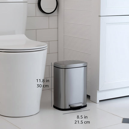 Stainless Steel Small Bathroom Trash Can with Soft Close Lid | Compact 9L Pedal Bin for Noise-Free Waste Disposal