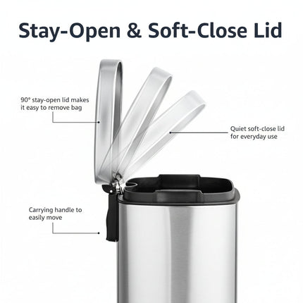 Stainless Steel Small Bathroom Trash Can with Soft Close Lid | Compact 9L Pedal Bin for Noise-Free Waste Disposal