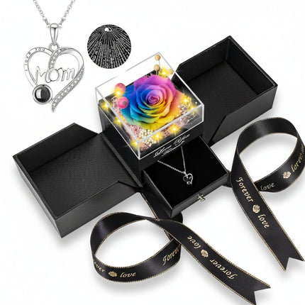 Preserved Rose Gift Box with LED Light & Love Necklace | Lasting Floral Keepsake for Romantic Occasions