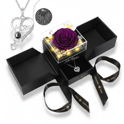 Preserved Rose Gift Box with LED Light & Love Necklace | Lasting Floral Keepsake for Romantic Occasions