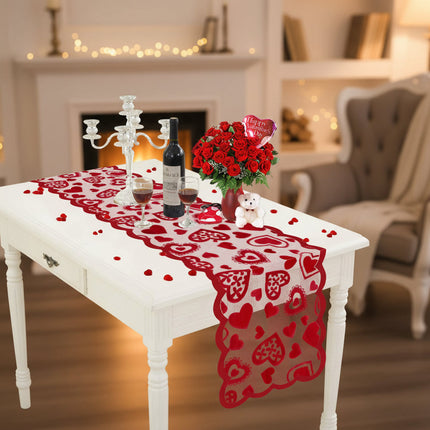 Lace Table Runner with Red Heart Design | Romantic Dining Decor for Valentine's Day