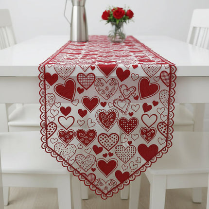 Lace Table Runner with Red Heart Design | Romantic Dining Decor for Valentine's Day