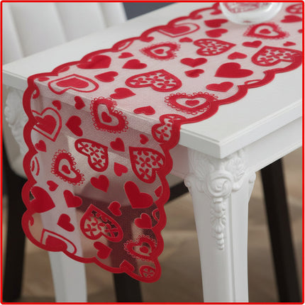 Lace Table Runner with Red Heart Design | Romantic Dining Decor for Valentine's Day