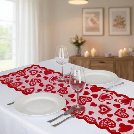 Lace Table Runner with Red Heart Design | Romantic Dining Decor for Valentine's Day