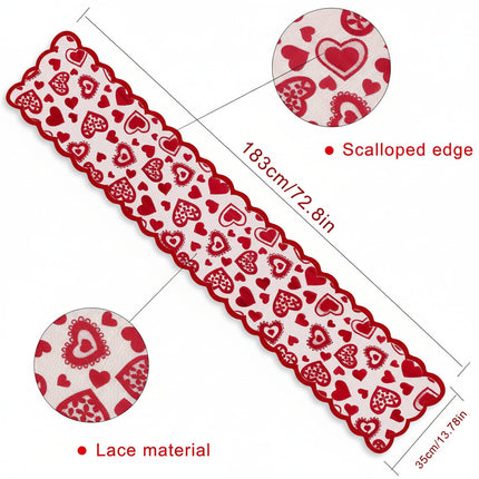 Lace Table Runner with Red Heart Design | Romantic Dining Decor for Valentine's Day