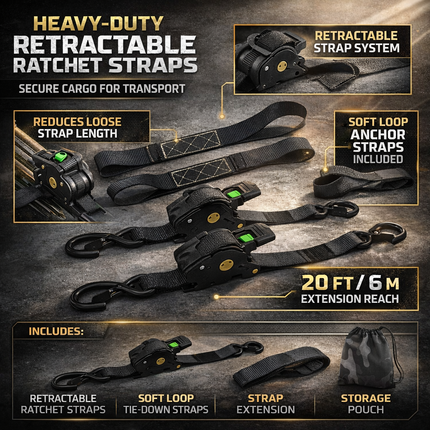 Retractable Ratchet Straps Cargo Tie Down Set with Heavy Duty Hooks | 20 ft Extension for Secure Transport and Storage