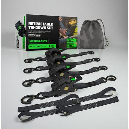 Retractable Ratchet Straps Cargo Tie Down Set with Heavy Duty Hooks | 20 ft Extension for Secure Transport and Storage