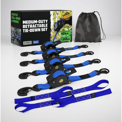 Retractable Ratchet Straps Cargo Tie Down Set with Heavy Duty Hooks | 20 ft Extension for Secure Transport and Storage