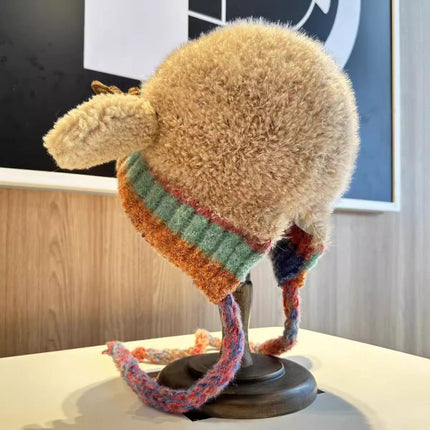 Knit Reindeer Ear Flap Winter Hat with Braided Ties | Warm and Playful Beanie for Cold Days