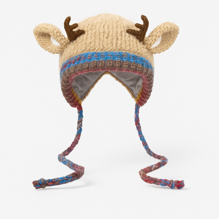 Knit Reindeer Ear Flap Winter Hat with Braided Ties | Warm and Playful Beanie for Cold Days
