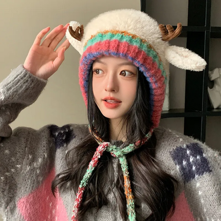 Knit Reindeer Ear Flap Winter Hat with Braided Ties | Warm and Playful Beanie for Cold Days