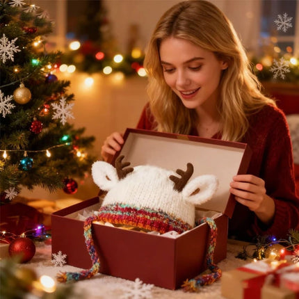 Knit Reindeer Ear Flap Winter Hat with Braided Ties | Warm and Playful Beanie for Cold Days