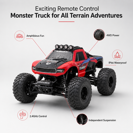 Amphibious Remote Control Monster Truck with 4WD | All-Terrain Adventure for Water and Off-Road Fun