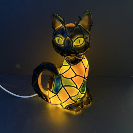 Tiffany Style Cat Table Lamp with Warm Ambient Glow | Compact Resin Figurine for Cozy Home Decor