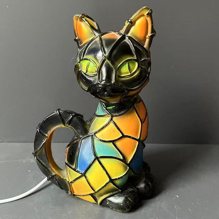 Tiffany Style Cat Table Lamp with Warm Ambient Glow | Compact Resin Figurine for Cozy Home Decor
