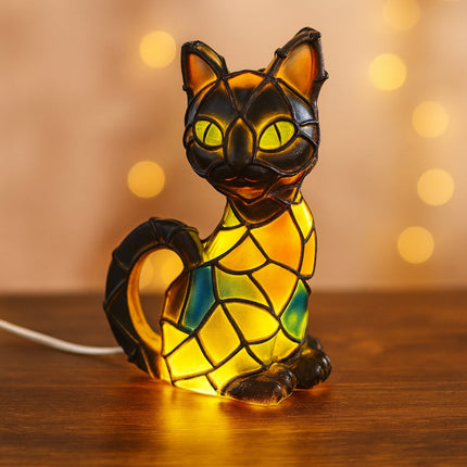 Tiffany Style Cat Table Lamp with Warm Ambient Glow | Compact Resin Figurine for Cozy Home Decor