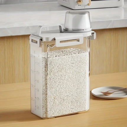 Airtight Grain Storage Container with Measuring Cup | 2.5L Food Dispenser for Rice, Flour, Cereal, and Snacks